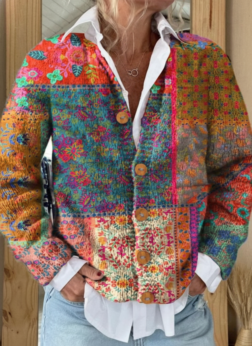 Colorful Stripes Floral Print Buttoned Cardigan Sweater