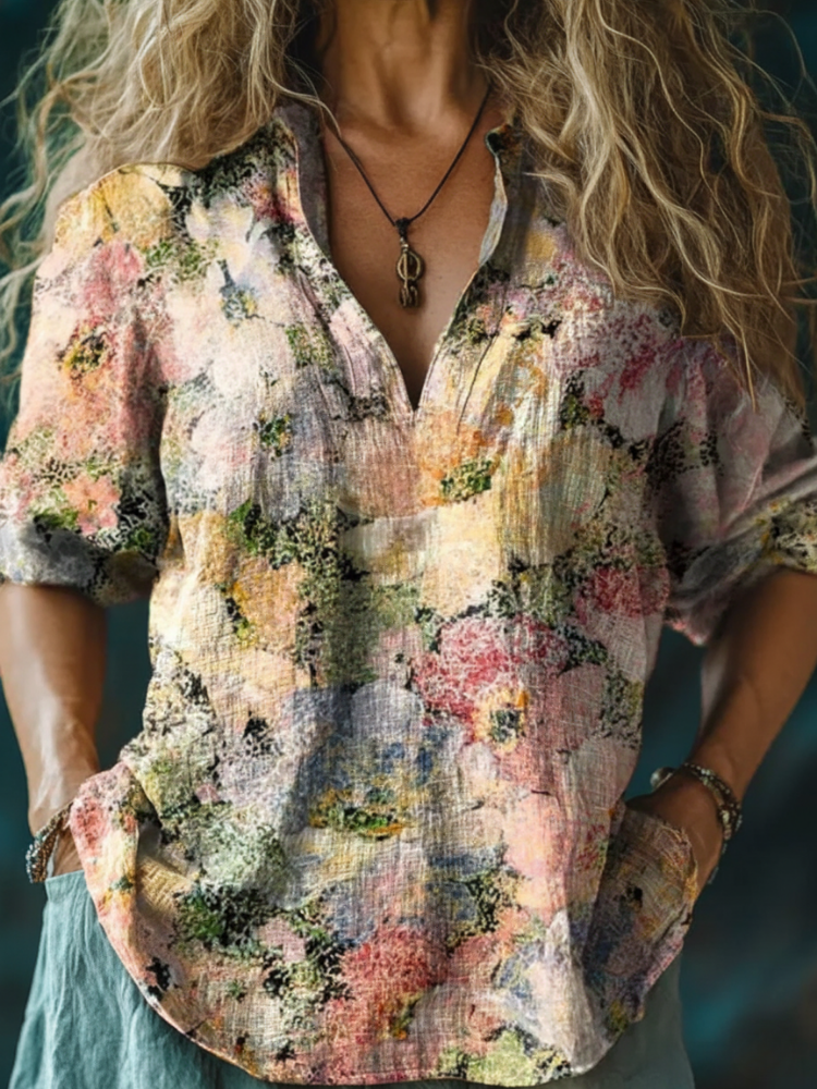 Women's Vintage Distressed Floral Art Print Casual Linen V-neck Shirt