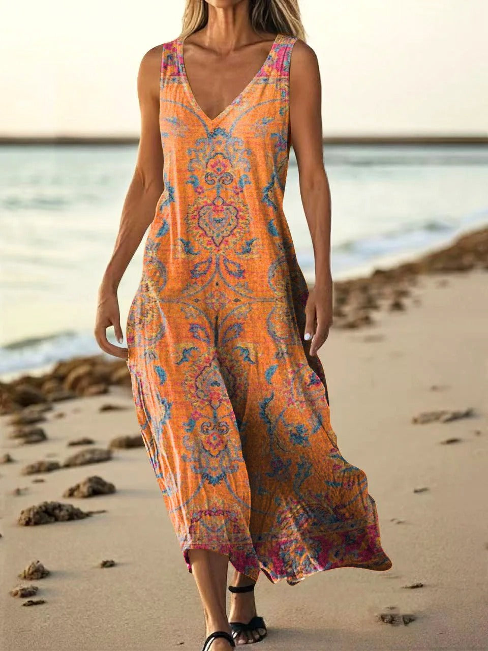 Women's Retro Ethnic Totem Art Pattern Print Pocket V-neck Cotton Dress