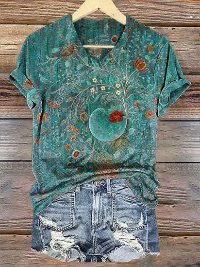 Women's Vintage Floral Art Print Casual Cotton Linen Shirt