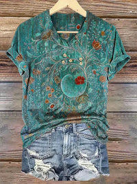 Women's Vintage Floral Art Print Casual Cotton Linen Shirt