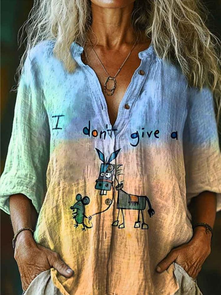 I Don’t Give A Funny Donkey Letter Print Casual Linen V-neck Shirt