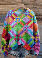 Colorful Striped Squares Print Knit Pullover Sweater