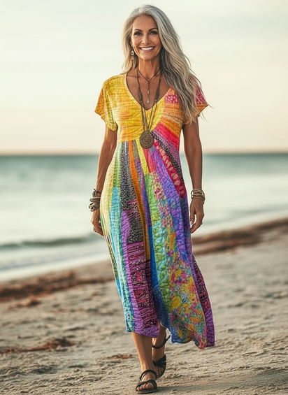 Women's Colorful Sunshine Print Pocket Cotton Dress