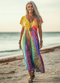 Women's Colorful Sunshine Print Pocket Cotton Dress