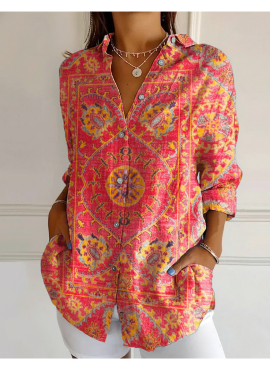 Women's Colorful Retro Totem Print Casual Cotton Shirt