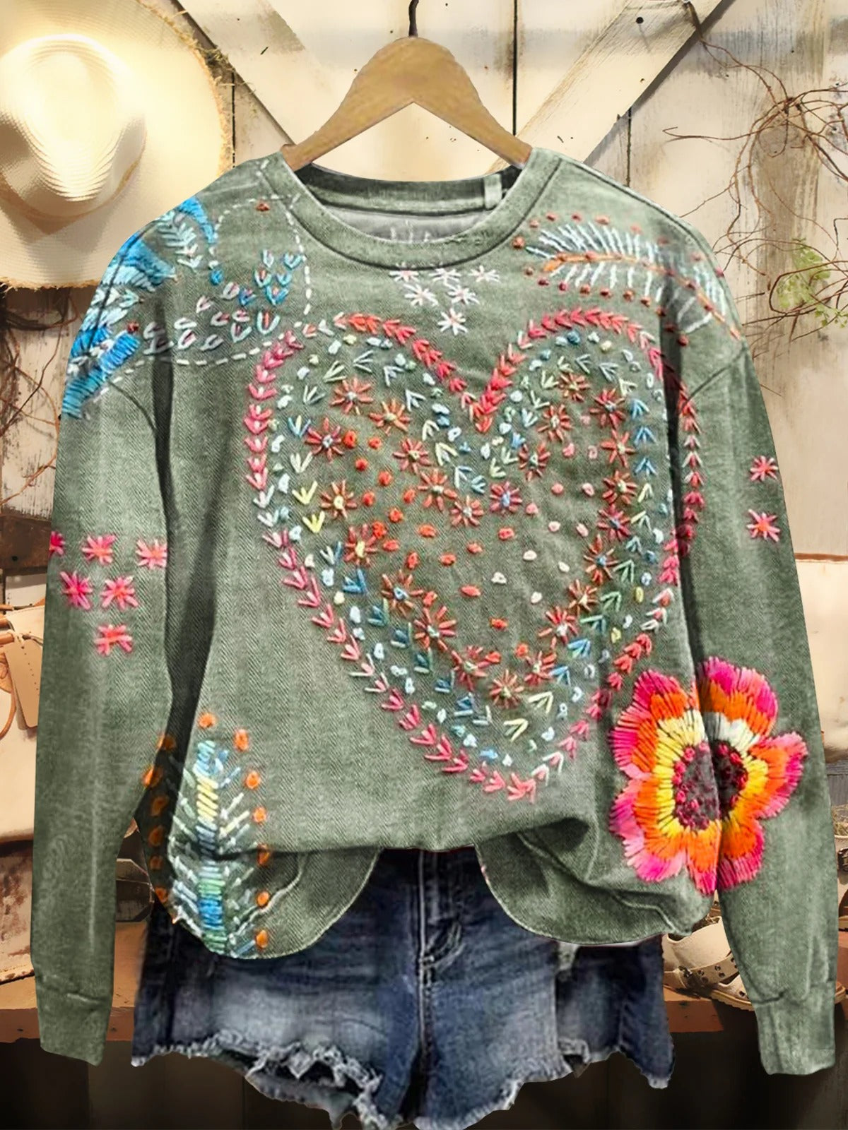 Women's Vintage Bohemian Floral Art Print Casual V Neck Long Sleeve Tops