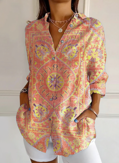 Women's Colorful Retro Totem Print Casual Cotton Shirt