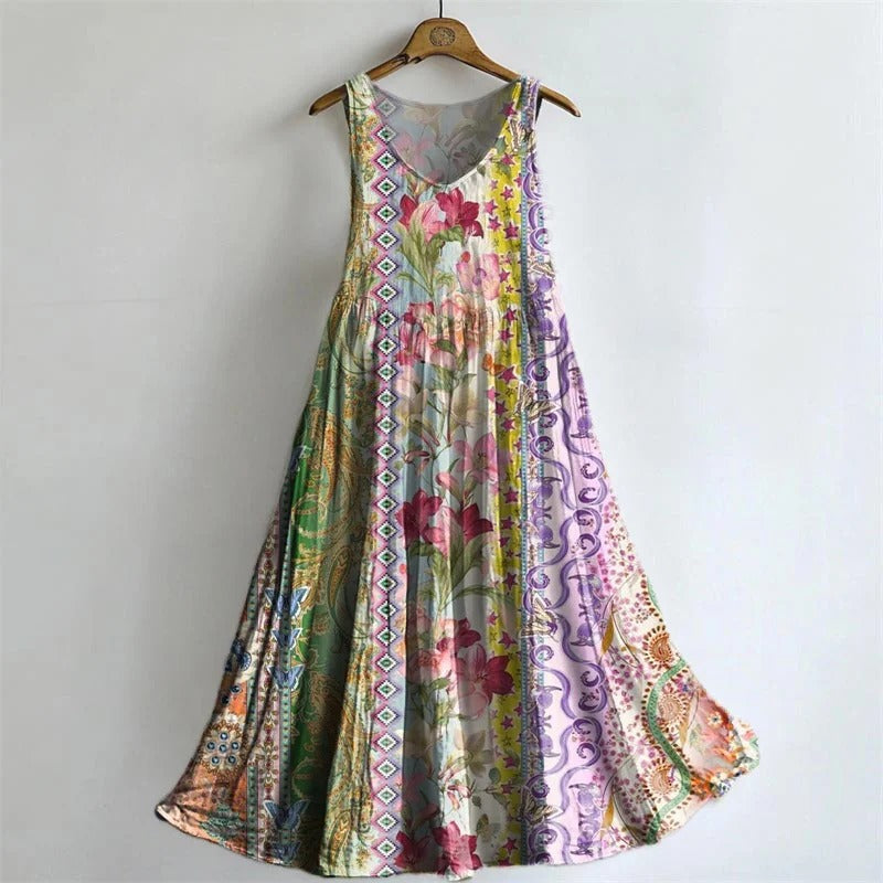 Women's Vintage Floral Art Print Sleeveless Cotton Pocket Dress