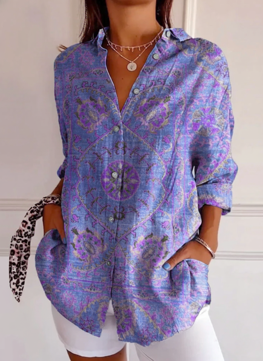 Women's Colorful Retro Totem Print Casual Cotton Shirt