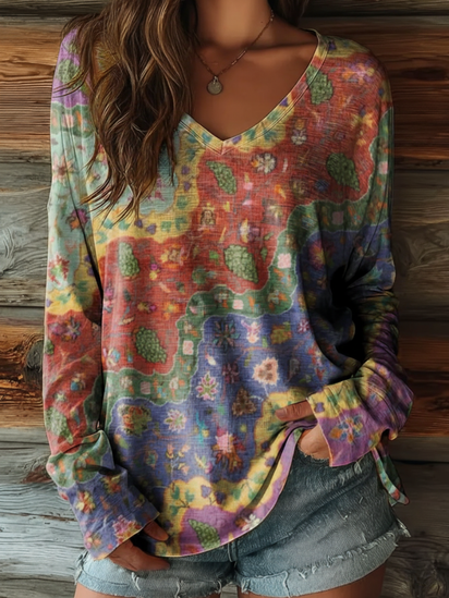 Women's Bohemian Floral Wavy Collage Art Pattern Print Pocket Cotton Dress