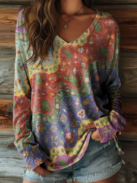 Women's Bohemian Floral Wavy Collage Art Pattern Print Pocket Cotton Dress