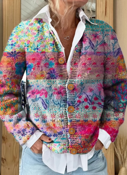 Colorful Stripes Floral Print Buttoned Cardigan Sweater