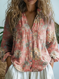 Women's Retro Ethnic Totem Pattern Casual Linen V-neck Shirt