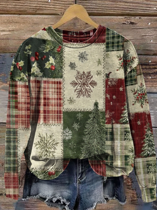 Vintage Christmas Patchwork Art Print Casual  Sweatshirt