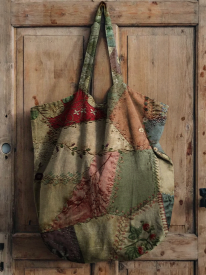 Vintage Patchwork Print Linen Tote Bag