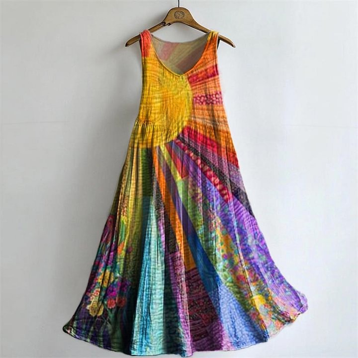Women's Colorful Sunshine Print Pocket Cotton Dress