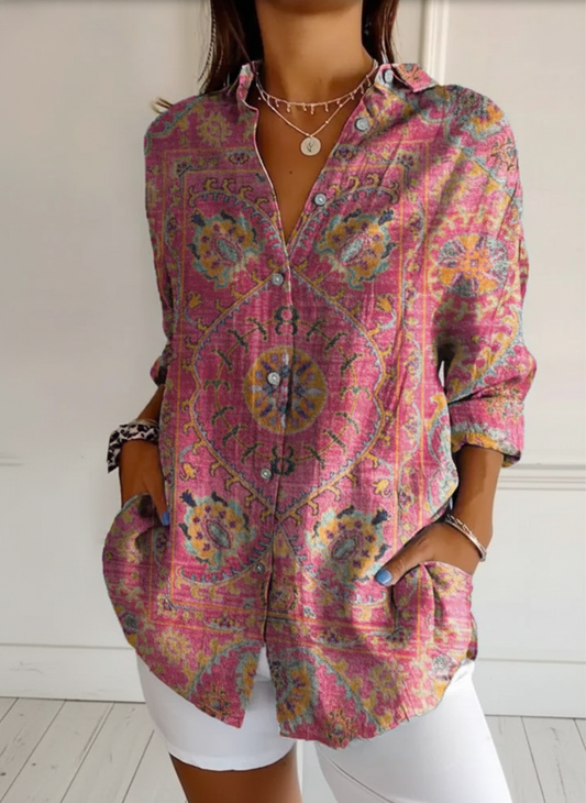 Women's Colorful Retro Totem Print Casual Cotton Shirt