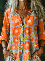Women's Floral Pattern Art Print Casual Cotton Linen Shirt
