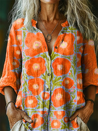 Women's Floral Pattern Art Print Casual Cotton Linen Shirt