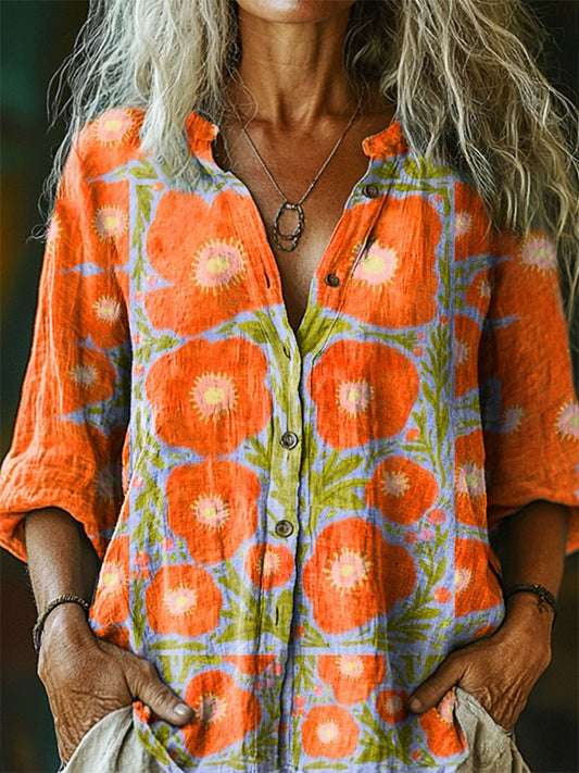 Women's Floral Pattern Art Print Casual Cotton Linen Shirt