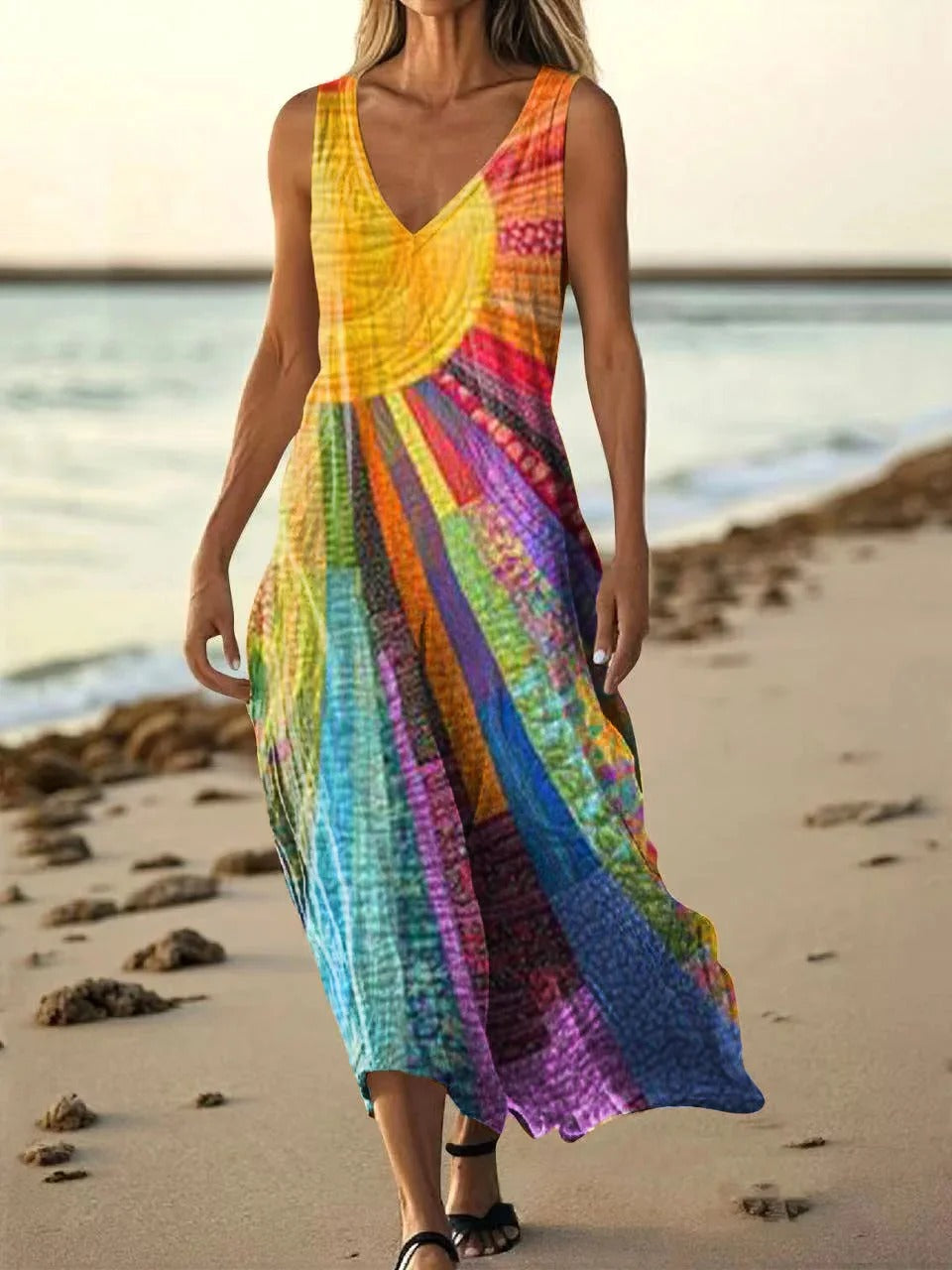 Women's Colorful Sunshine Print Pocket Cotton Dress