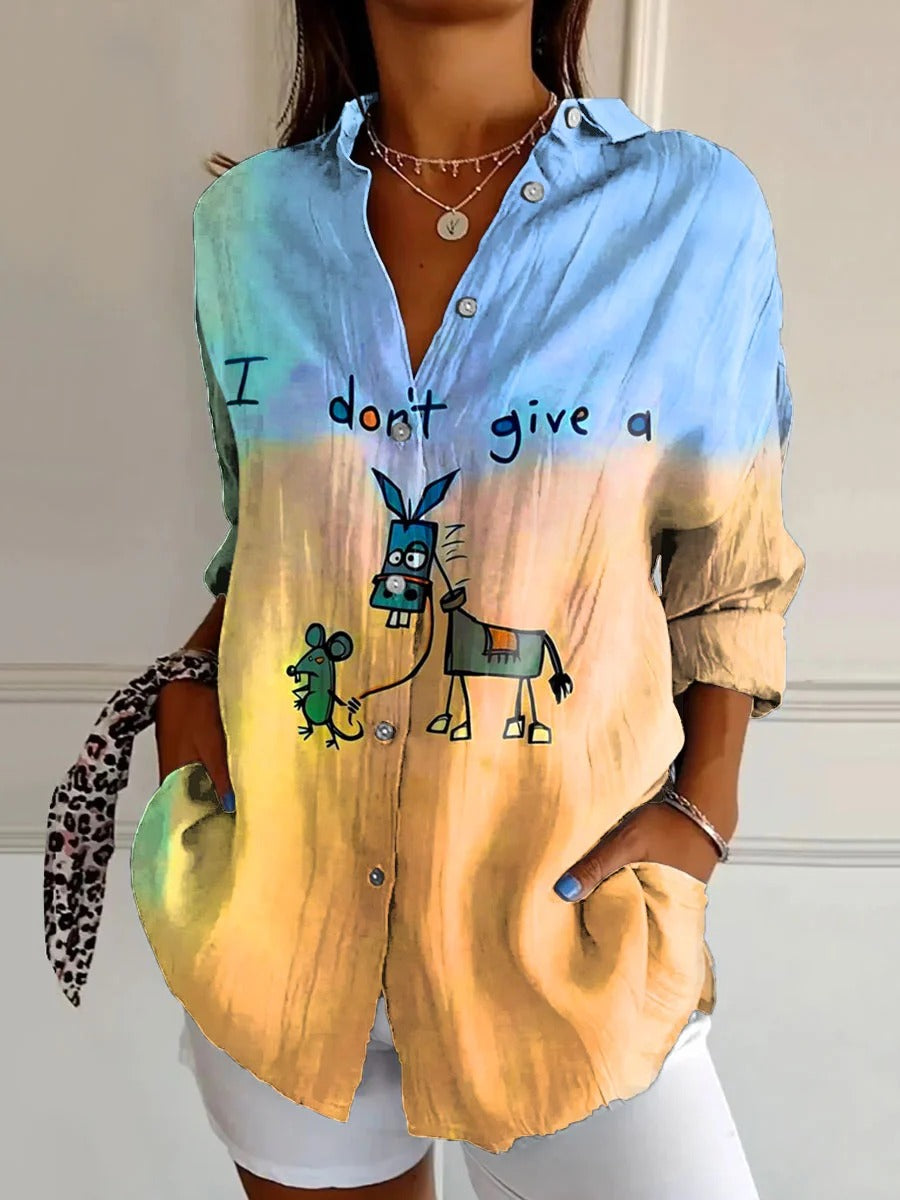 I Don’t Give A Funny Donkey Letter Print Casual Linen V-neck Shirt