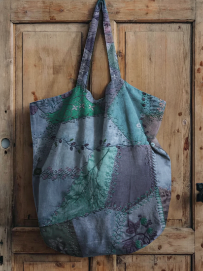 Vintage Patchwork Print Linen Tote Bag