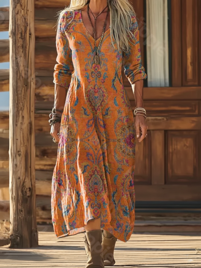 Women's Bohemian Floral Wavy Collage Art Pattern Print Pocket Cotton Dress