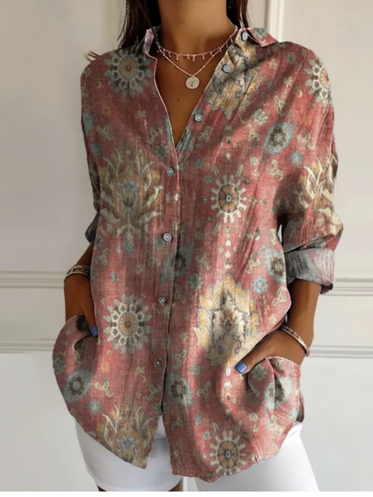 Women's Retro Ethnic Totem Pattern Casual Linen V-neck Shirt
