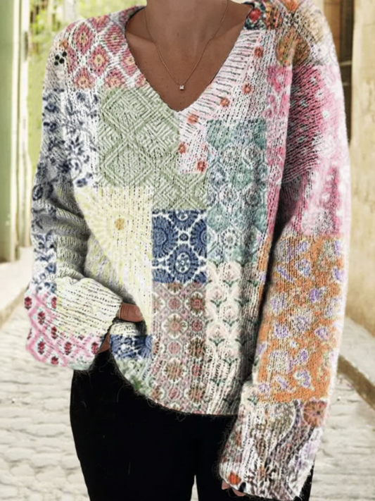 Women's Floral Panel Casual V Neck Pullover Sweater