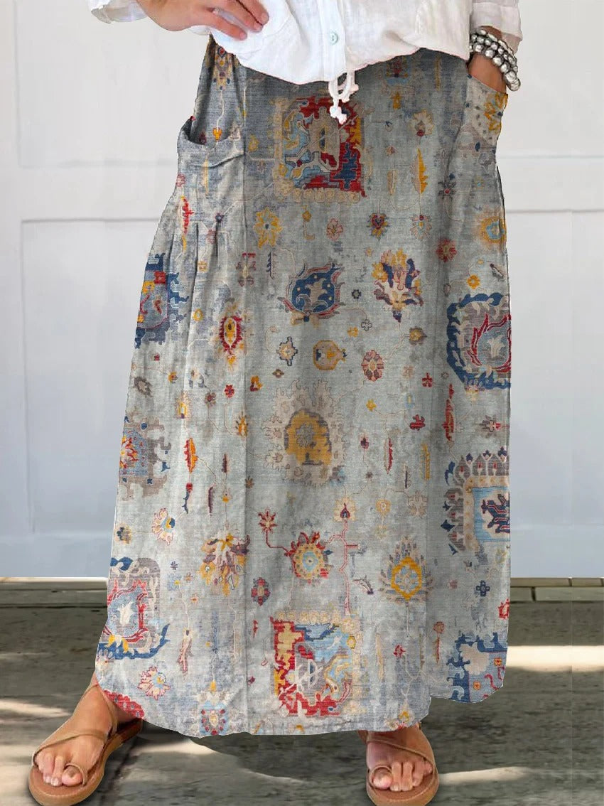 Women's  Flower Art  Print   Linen Pocket Skirt