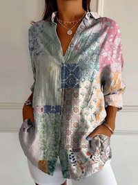 Women's Floral Panel Casual V Neck Pullover Sweater