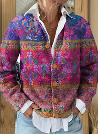 Colorful Stripes Floral Print Buttoned Cardigan Sweater