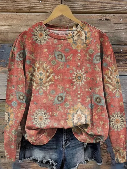 Women's Retro Ethnic Totem Pattern Casual Linen V-neck Shirt