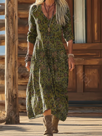 Women's Bohemian Floral Wavy Collage Art Pattern Print Pocket Cotton Dress