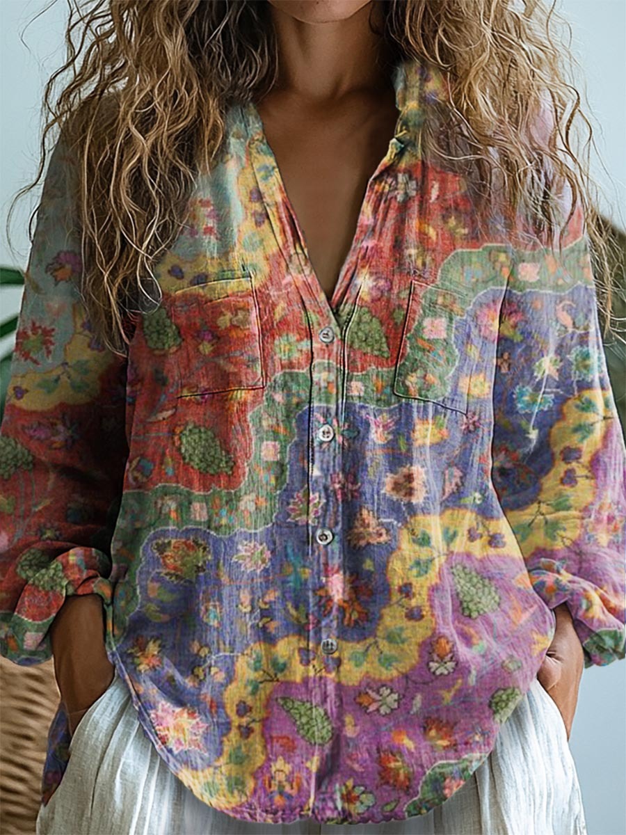 Women's Bohemian Floral Wavy Collage Art Pattern Print Pocket Cotton Dress