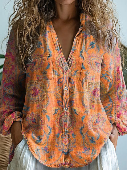 Women's Retro Ethnic Totem Art Pattern Print Pocket V-neck Cotton Dress