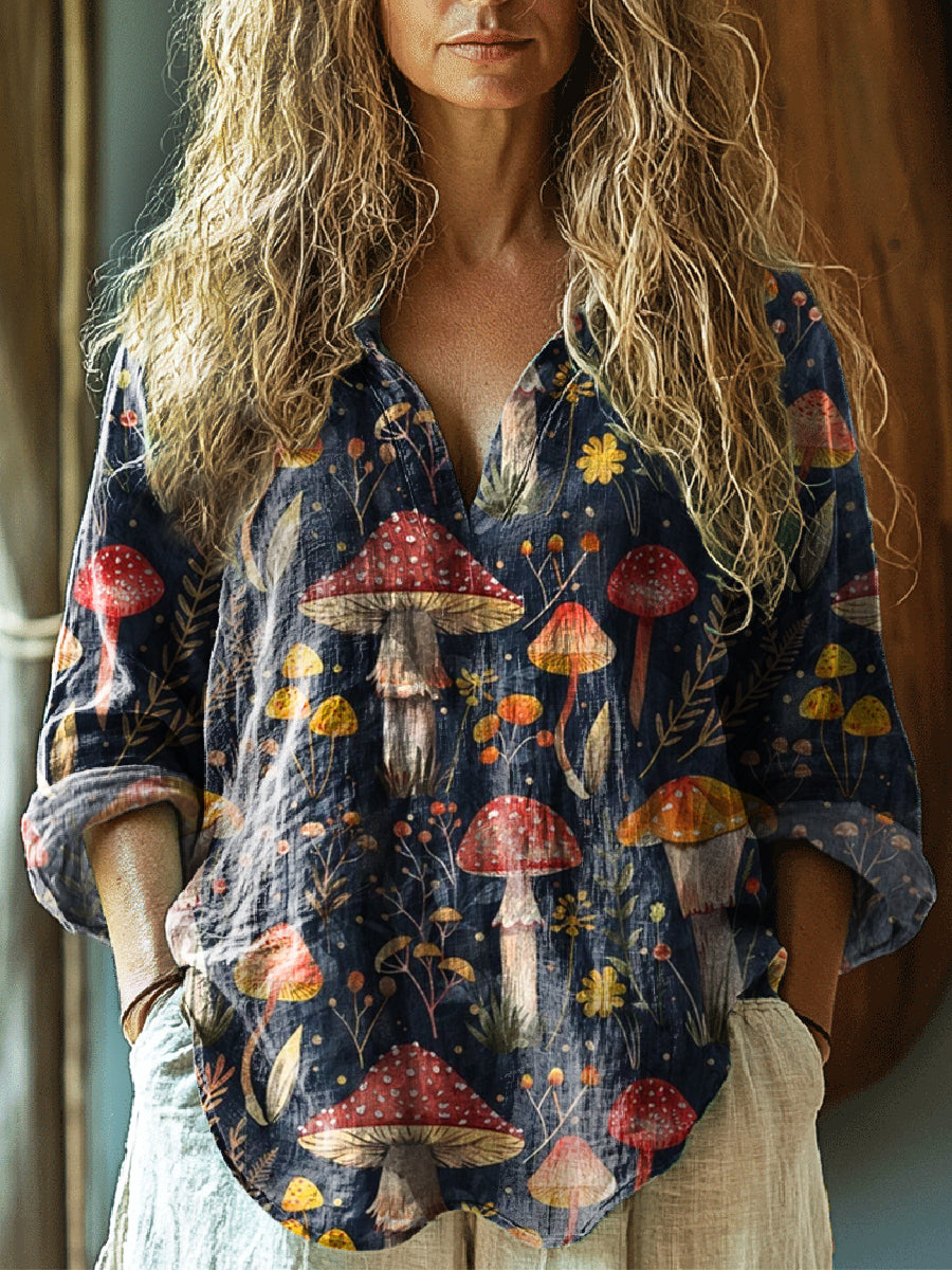 Women's Vintage Mushroom Art Print Casual Linen V-neck Shirt