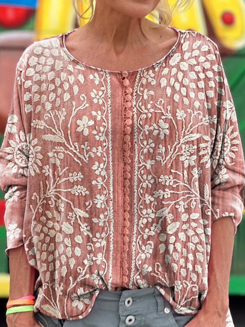 Women's Vintage Ethnic Floral Art Print Casual V-neck Long Sleeve T-shirt