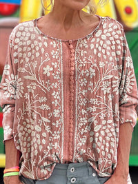 Women's Vintage Ethnic Floral Art Print Casual V-neck Long Sleeve T-shirt