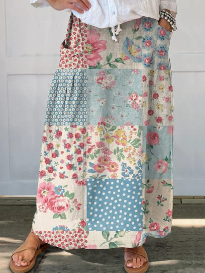 Women's  Flower Art  Print   Linen Pocket Skirt