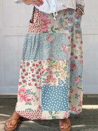Women's  Flower Art  Print   Linen Pocket Skirt
