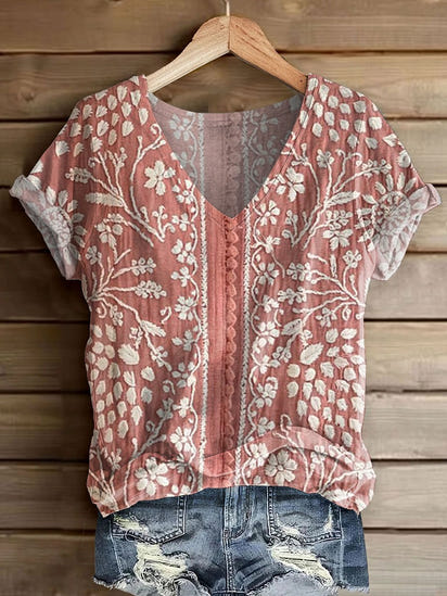 Women's Vintage Ethnic Floral Art Print Casual V-neck Long Sleeve T-shirt