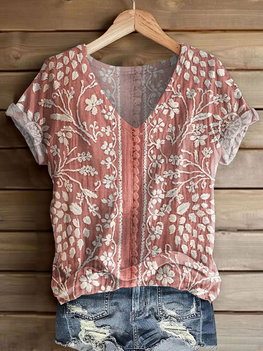 Women's Vintage Ethnic Floral Art Print Casual V-neck Long Sleeve T-shirt