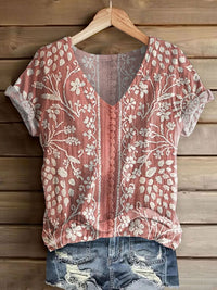 Women's Vintage Ethnic Floral Art Print Casual V-neck Long Sleeve T-shirt