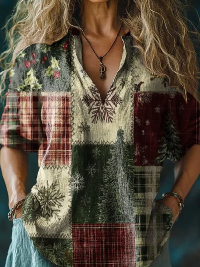 Vintage Christmas Patchwork Art Print Casual  Sweatshirt