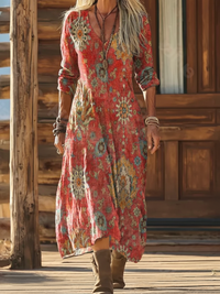 Women's Bohemian Floral Wavy Collage Art Pattern Print Pocket Cotton Dress