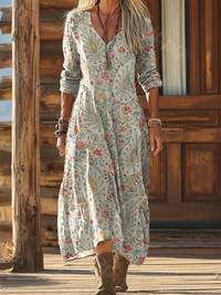 Women's Bohemian Floral Wavy Collage Art Pattern Print Pocket Cotton Dress