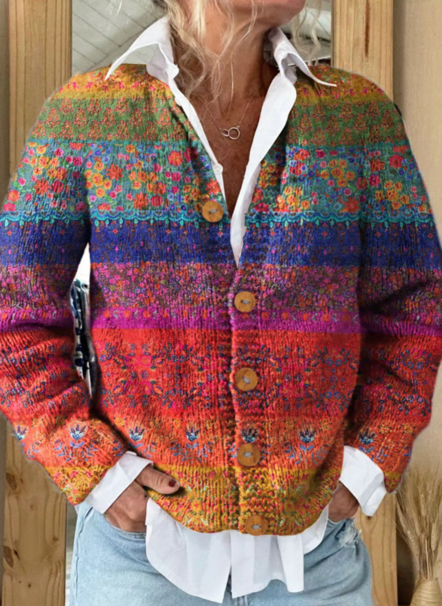 Colorful Stripes Floral Print Buttoned Cardigan Sweater